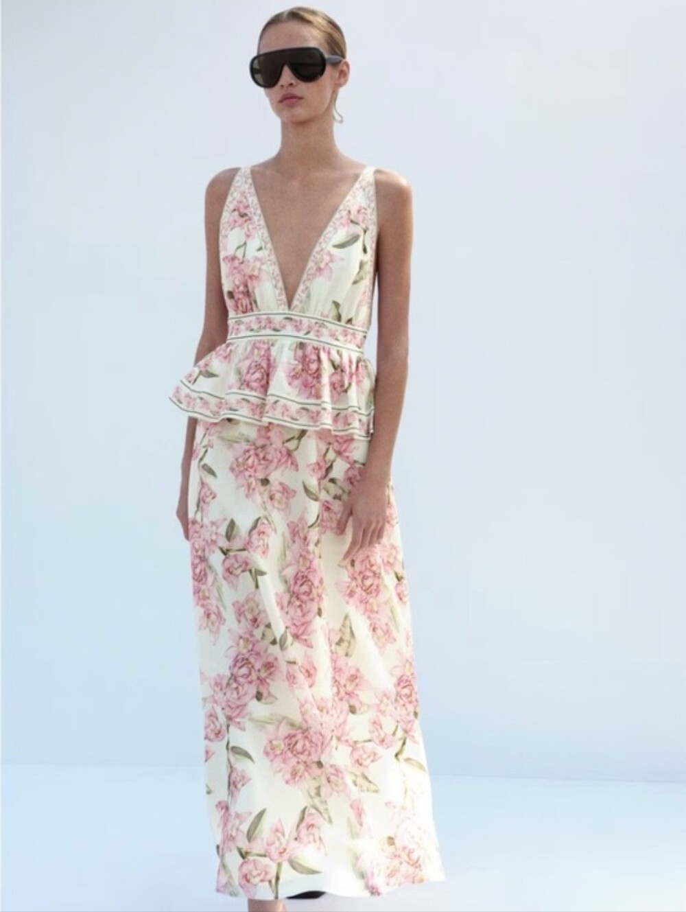 Sz M H&M NWT CREAM, PINK FLORAL LINEN-BLEND PEPLUM DRESS